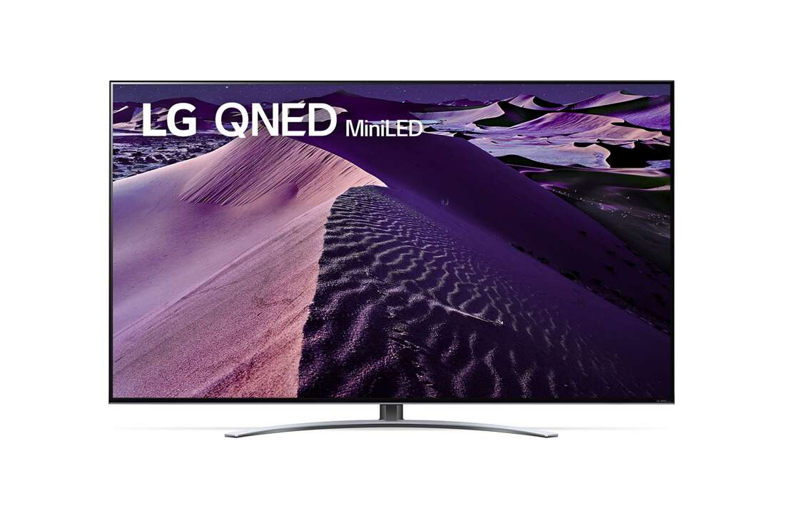 LG 55“ LG QNED TV | LG 55QNED879QB, Vorderansicht des LG QNED TV mit eingefügtem Bild und Produktlogo, 55QNED879QB