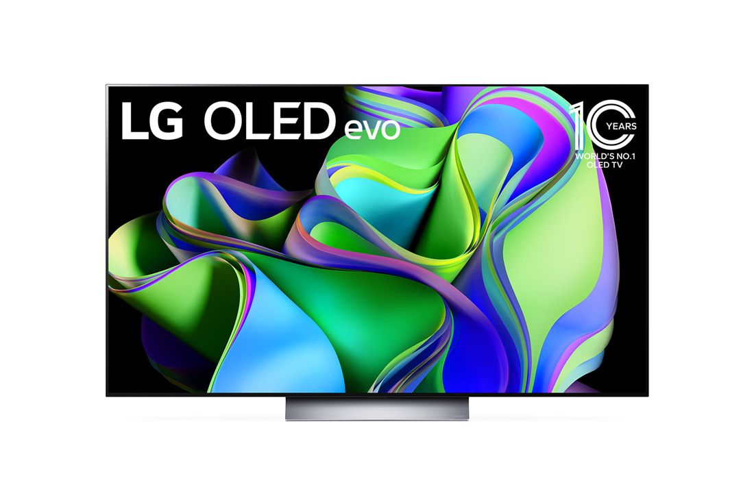 LG 55'' LG OLED TV | OLED55C39LC, Vorderansicht mit dem LG OLED evo „10 Years World No.1“-OLED-Logo und Logo für 5 Jahre Garantie auf das Display auf dem Bildschirm, OLED55C39LC