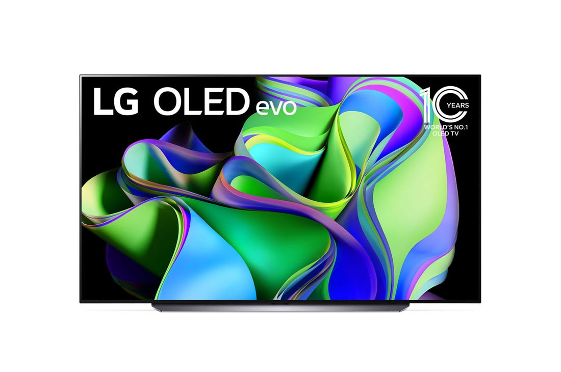 LG 83'' LG OLED TV | OLED83C37LA, Vorderansicht mit dem LG OLED evo „10 Years World No.1“-OLED-Logo und Logo für 5 Jahre Garantie auf das Display auf dem Bildschirm, OLED83C37LA, thumbnail 0