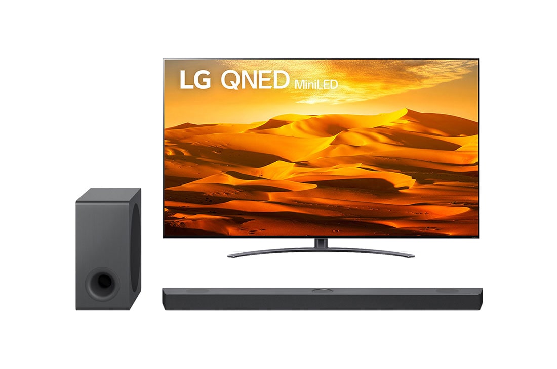LG 75“ LG QNED TV | Aktionsbundle inkl. Soundbar DS90QY, Een vooraanzicht van de LG QNED TV met invulbeeld en productlogo op + Vorderansicht von Soundbar und Woofer, 75QNED916QE.DS90QY