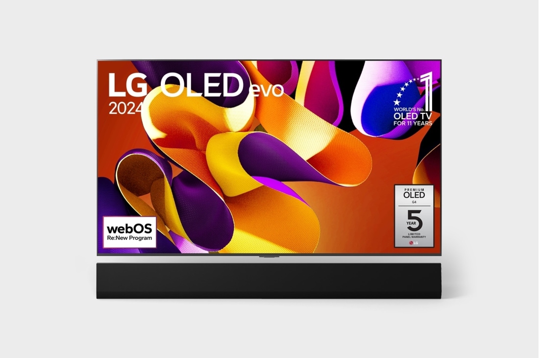 LG 65 Zoll LG OLED evo G4 4K Smart TV OLED65G4, Vorderansicht mit LG OLED evo TV G4, Emblem „Bester OLED seit 11 Jahren“ und Logo „5-Jahre-Panel-Garantie“ auf dem Bildschirm sowie der Soundbar darunter, OLED65G48LW