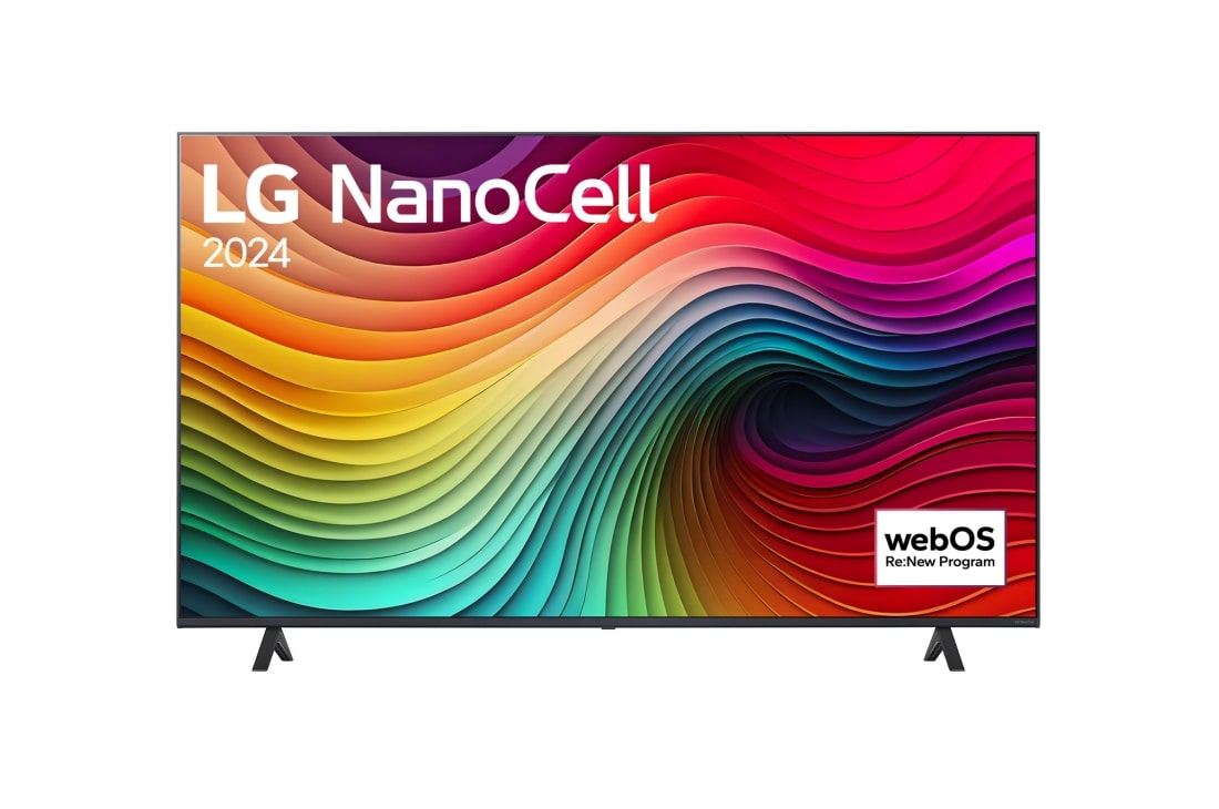 LG 55 Zoll 4K LG NanoCell Smart TV NANO81, Vorderansicht des LG NanoCell TV, NANO80 mit Text „LG NanoCell“ und „2024“ auf dem Bildschirm, 55NANO81T6A