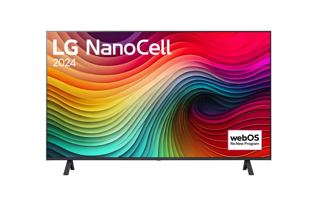 LG 43 Zoll 4K LG NanoCell Smart TV NANO81, Vorderansicht des LG NanoCell TV, NANO80 mit Text „LG NanoCell“ und „2024“ auf dem Bildschirm, 43NANO81T6A