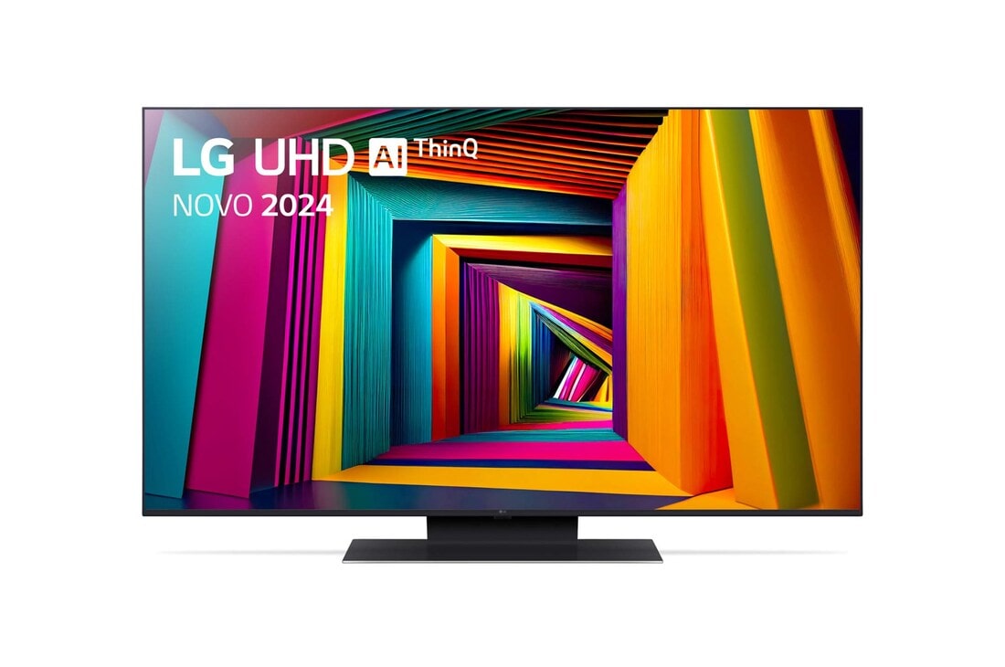 LG 50 Zoll 4K LG UHD Smart UT91, Vorderansicht des LG UHD Fernsehers, UT90 mit Text von LG UHD AI ThinQ und 2024 auf dem Bildschirm, 50UT91006LA