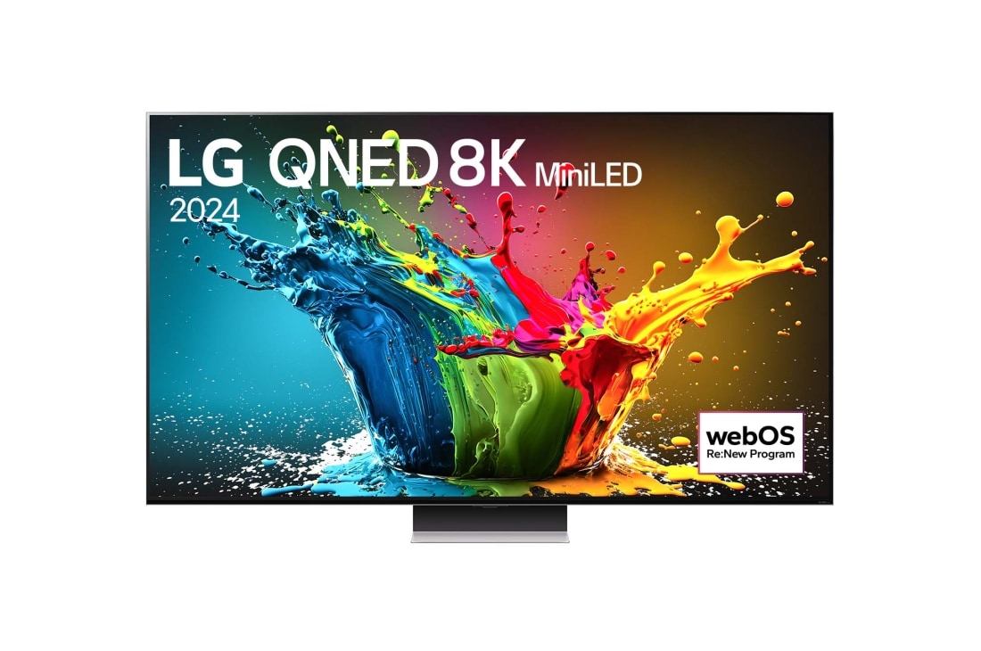 LG 75 Zoll 8K LG QNED MiniLED Smart TV QNED99, Ansicht der Vorderseite des LG QNED TV, QNED99 mit Text LG QNED 8K MiniLED und 2024 auf dem Bildschirm, 75QNED99T9B