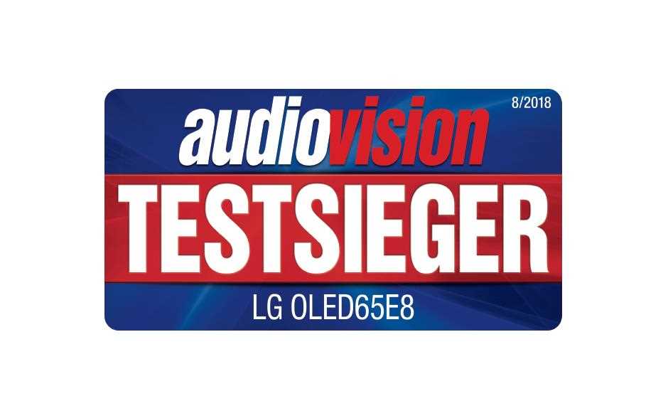 Audiovision Auszeichnung des LG 65 E8 OLED TVs mit der Note sehr gut und einem Durchschnitt von 1,2