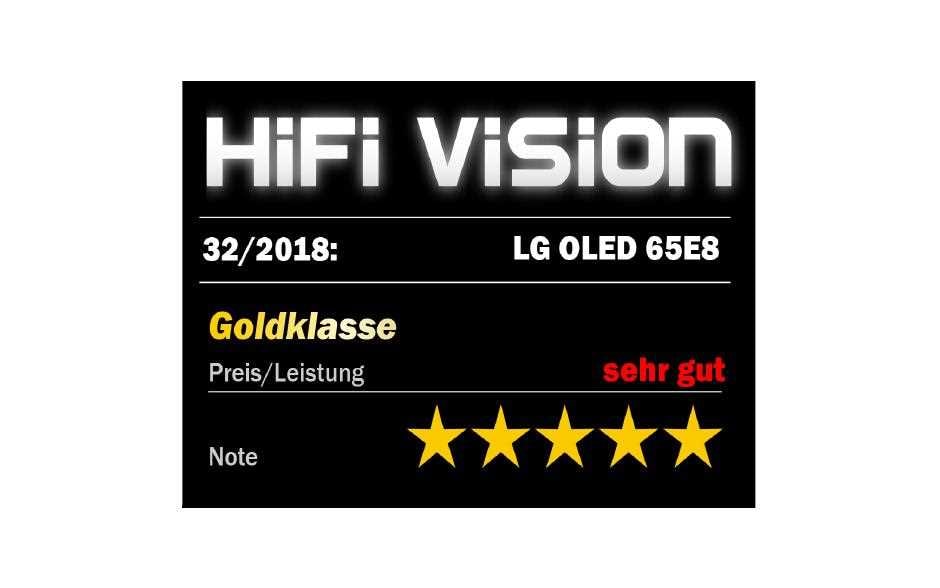 HiFi Vision Auszeichnung des LG 65 E8 OLED TVs für die Preis / Leistung mit sehr gut und fünf Sternen am Ende auf schwarzem Hintergrund