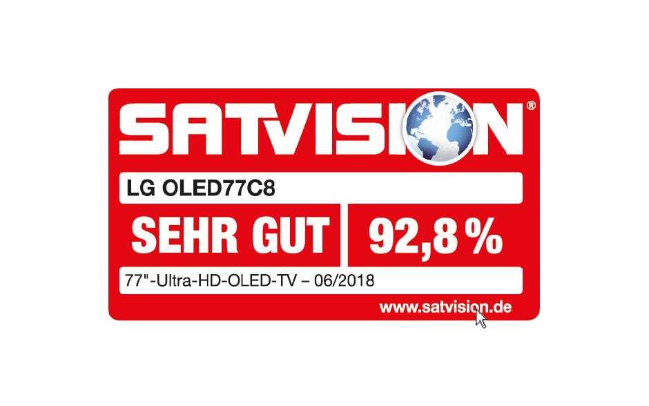 SATvision Auszeichnung des LG 77C8 OLED TVs mit der Note Sehr gut und 92,8%