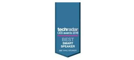 TechRadar Bewertung des LG ThinQ WK7 Speaker, mit den TechRadar CES Awards 2018 Best Smart Speaker Award oben, über weißem Hintergrund.