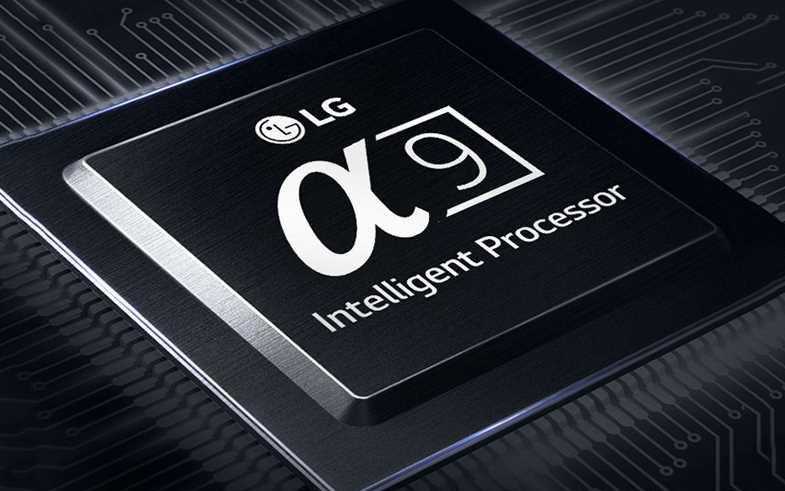 LG alpha 9 intelligent processor für OLED TVs auf schwarzem Hintergrund 