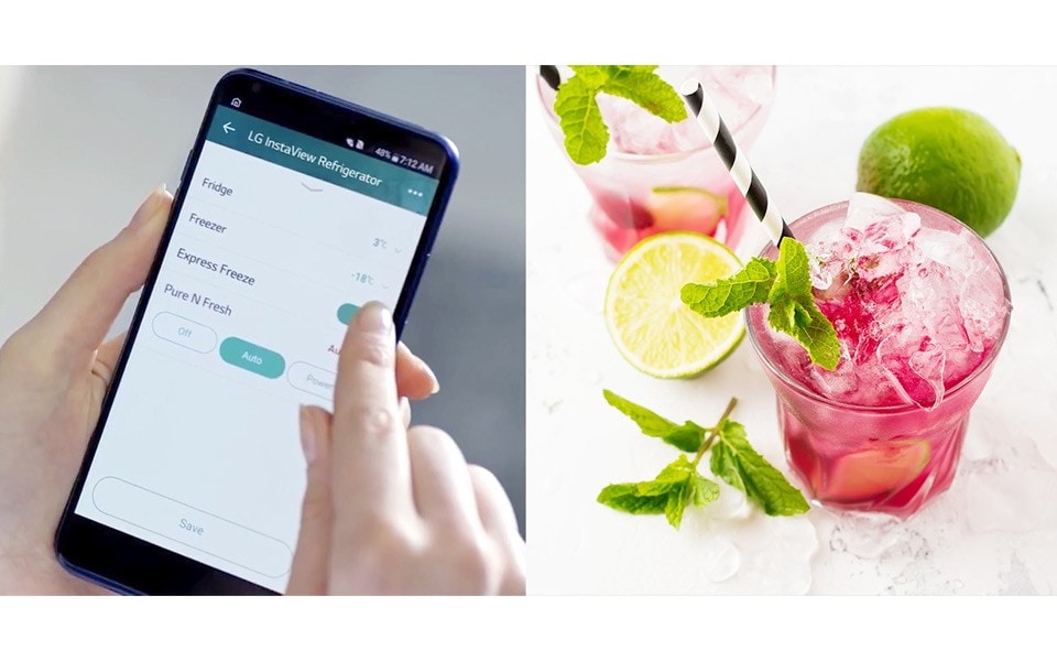 An image of LG Smart ThinQ app which can activate Express Freeze function of LG InstaView Door-in-Door™ in order to make a summer cocktail cool in short time.