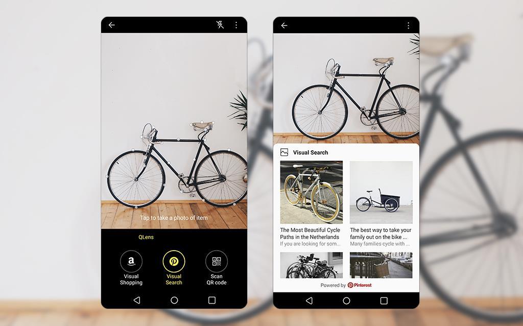 An image of lg v30 demonstrating its new qlens function which allows to search photographed image from pinterest. Enabled by android 8.0 oreo software update.