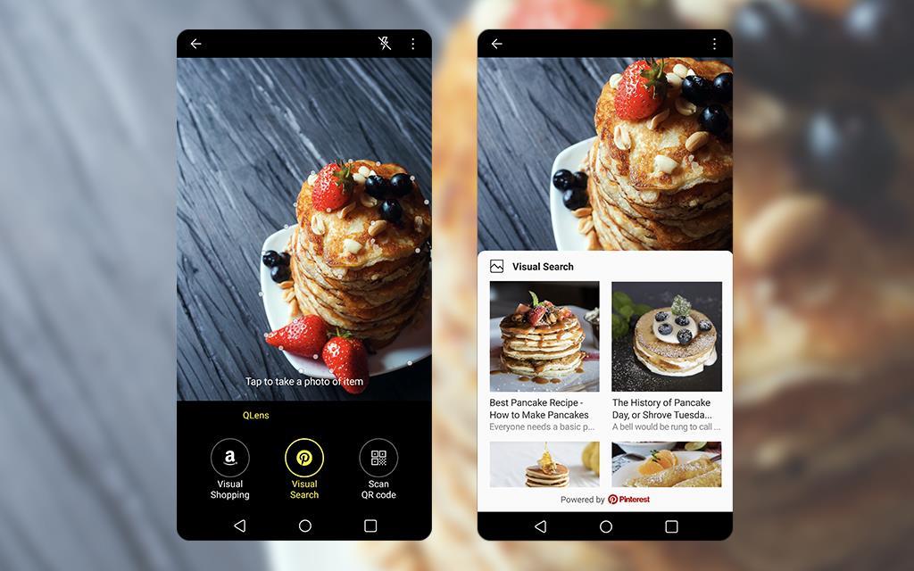 An image of lg v30 demonstrating its new qlens function which allows to search photographed image from pinterest. Enabled by android 8.0 oreo software update. 