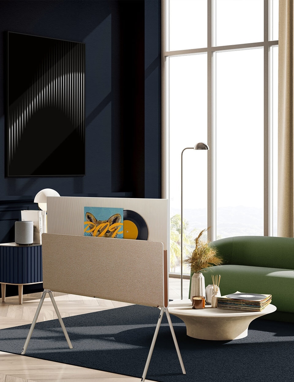 Ein LG-Fernseher, der wie Kunst aussieht, passt in ein modernes Wohnzimmerdesign