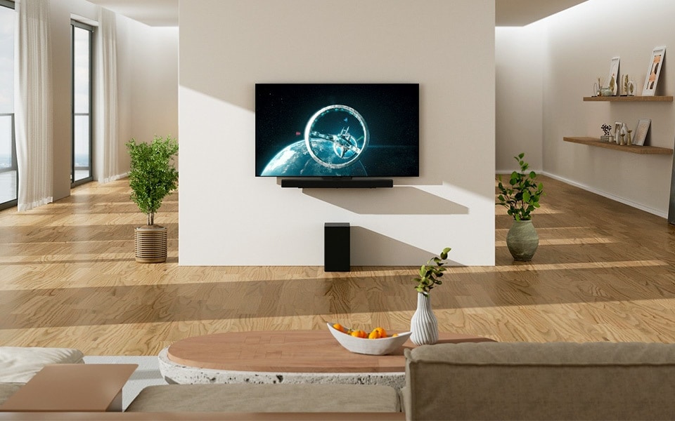 Ein Wohnzimmer mit einer der besten Soundbars für LG-Fernseher