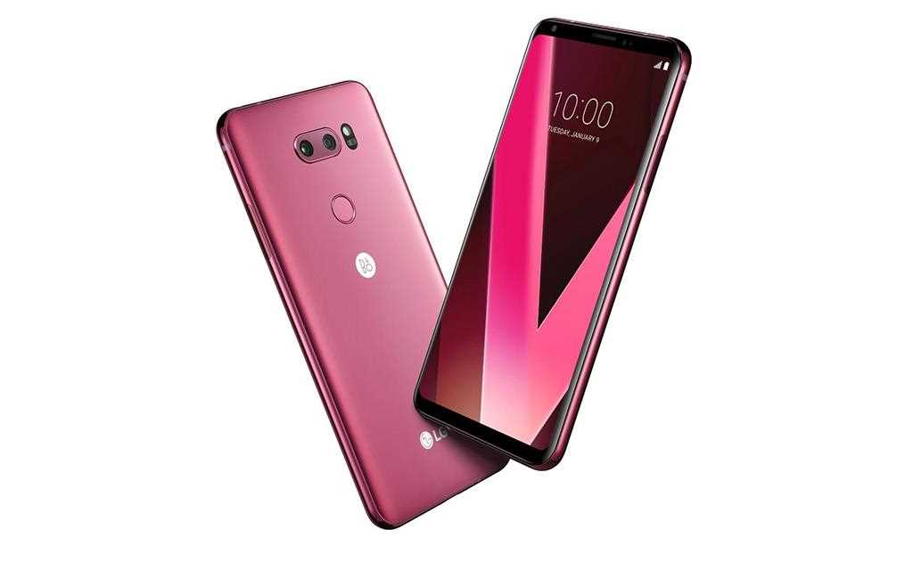 A dynamic angle image of lg's new v30 color - raspberry rose announced at ces 2018
