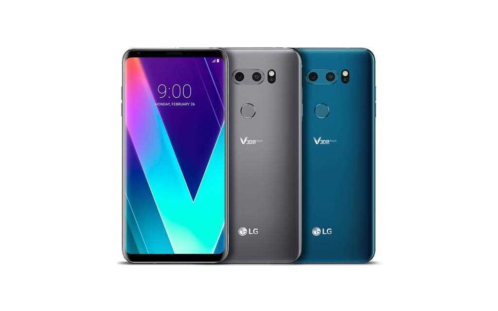 A front shot of new lg v30s thinq announced at mwc 2018, showing in three new colors - platinum grey and moroccan blue. 