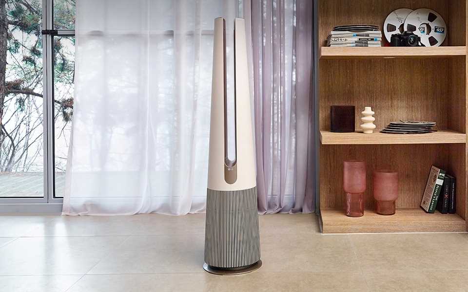 The LG PuriCare Air Purifier is positioned in a cozy room