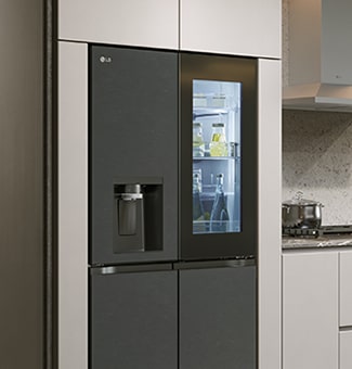 Modern kitchen interior with InstaView fridge.