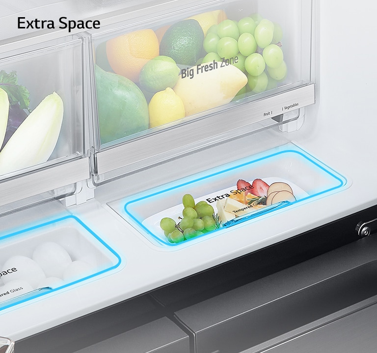 Close-up of the extra space inside the refrigerator