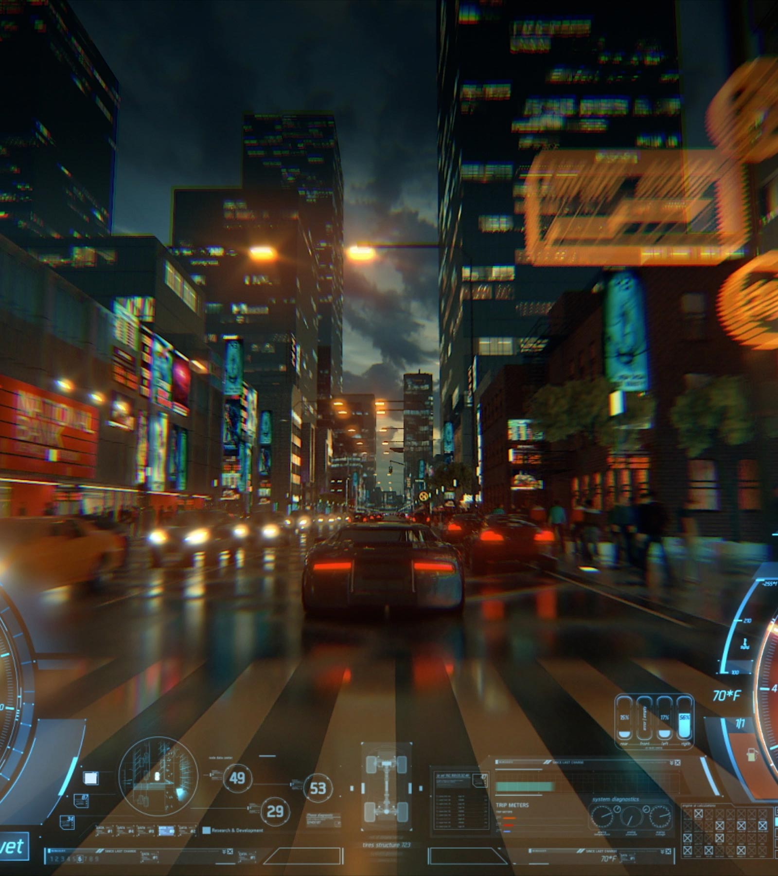 A video following a car from behind in a video game as it drives through a brightly-lit city street at dusk. 
