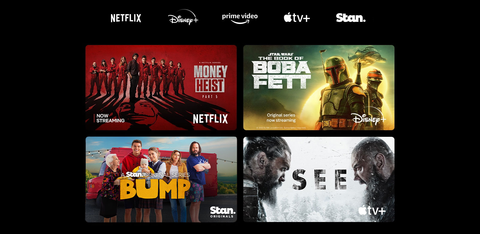 A poster of Money Heist from Netflix, The Book of Boba Fett from Disney Plus, The Wheel of Time from Prime Video, See from Apple TV Plus.