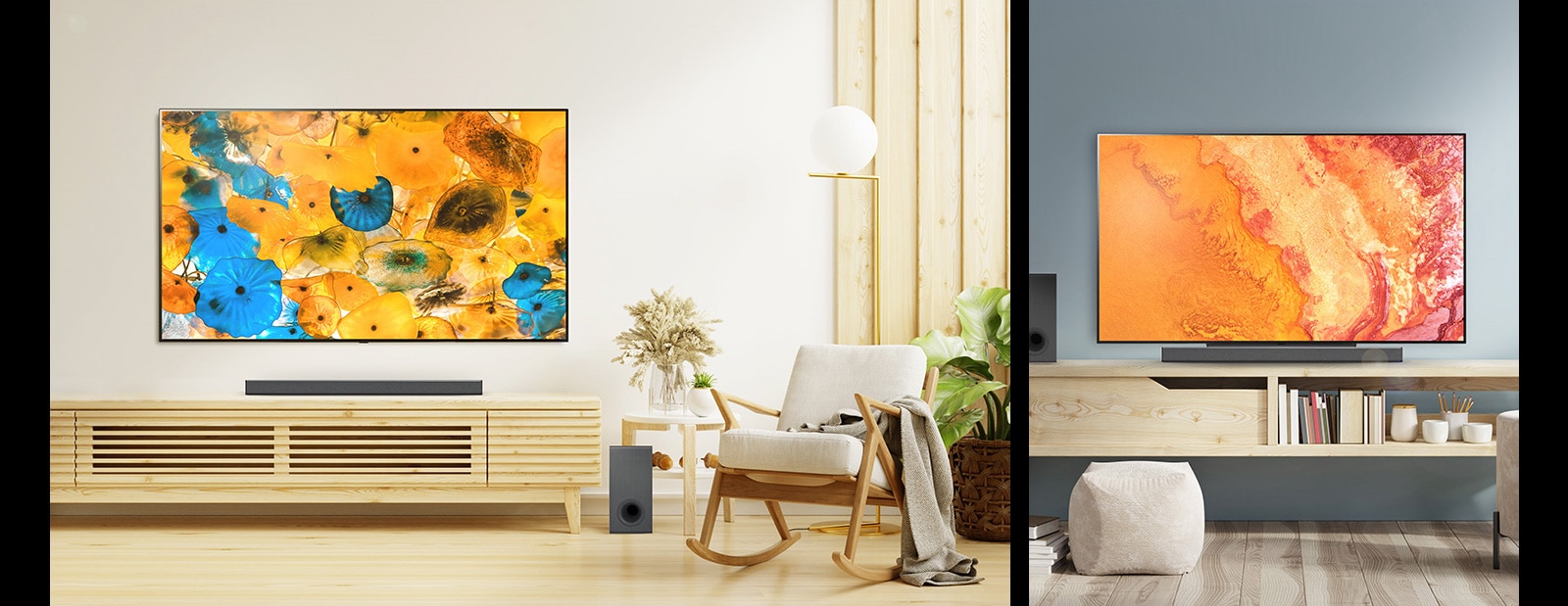 An image of LG OLED B3 with a Floor Stand in front of a window overlooking the city. LG OLED B3 on the wall of a modern room. The bottom corner of LG OLED B3's base.