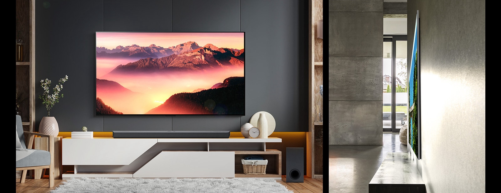 An image of LG OLED G3 on the wall of an ornate room showcasing its One Wall Design. A side view of LG OLED G3's incredibly slim dimensions. An angled view of LG OLED G3 on the wall of a city view apartment with a Soundbar below.