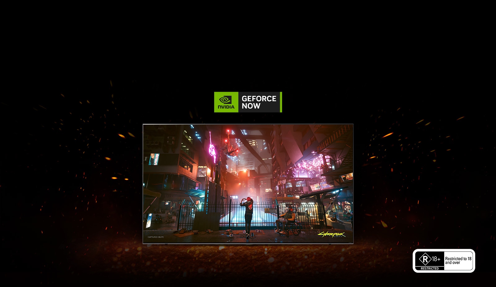 Flames spark up around the TV and you can see Cyberpunk's game screen inside. There is a Geforce now logo on the top of the TV.