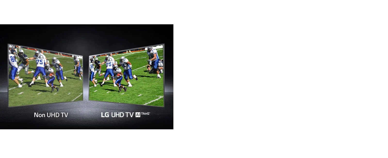 A picture of players playing on a football field shown at views. One shown on a conventional screen and one on an UHD TV.