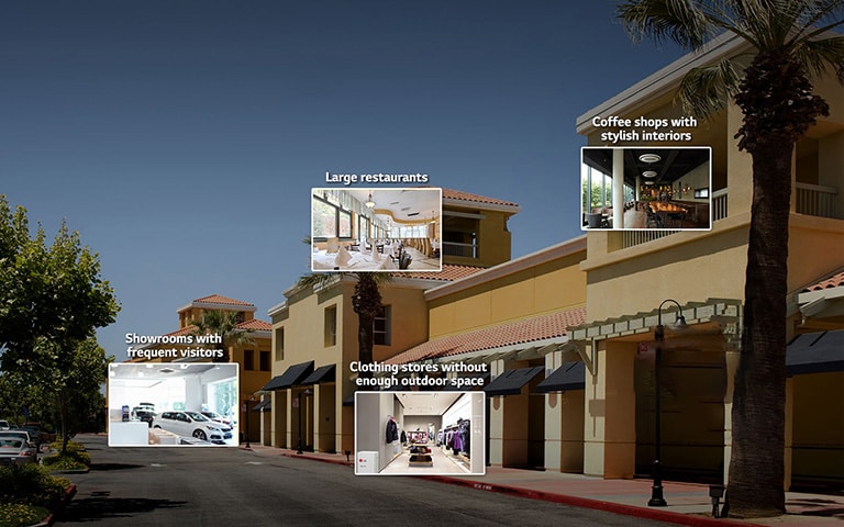 An outdoor mall with thumbnails of a showroom, a restaurant, a coffee shop, a fast-food restaurant, and a clothing store.