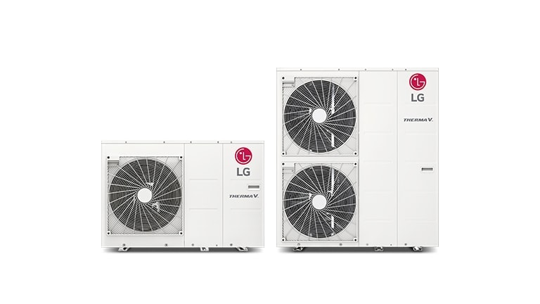 Displayed are two LG Therma V Monobloc outdoor units. A small rectangular one on the left and a larger two-stack unit on the right.