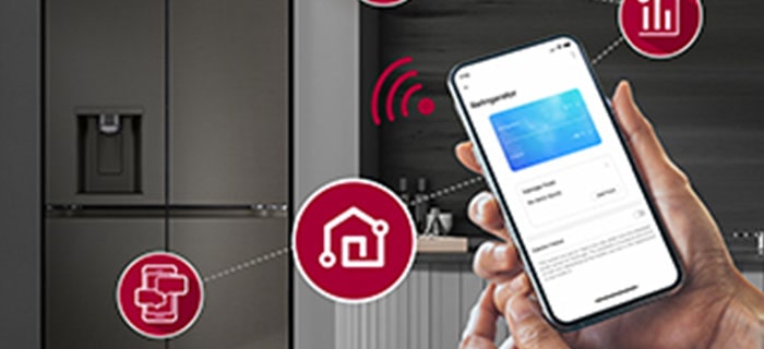 Smart phone is shown giving instructions to the fridge in background