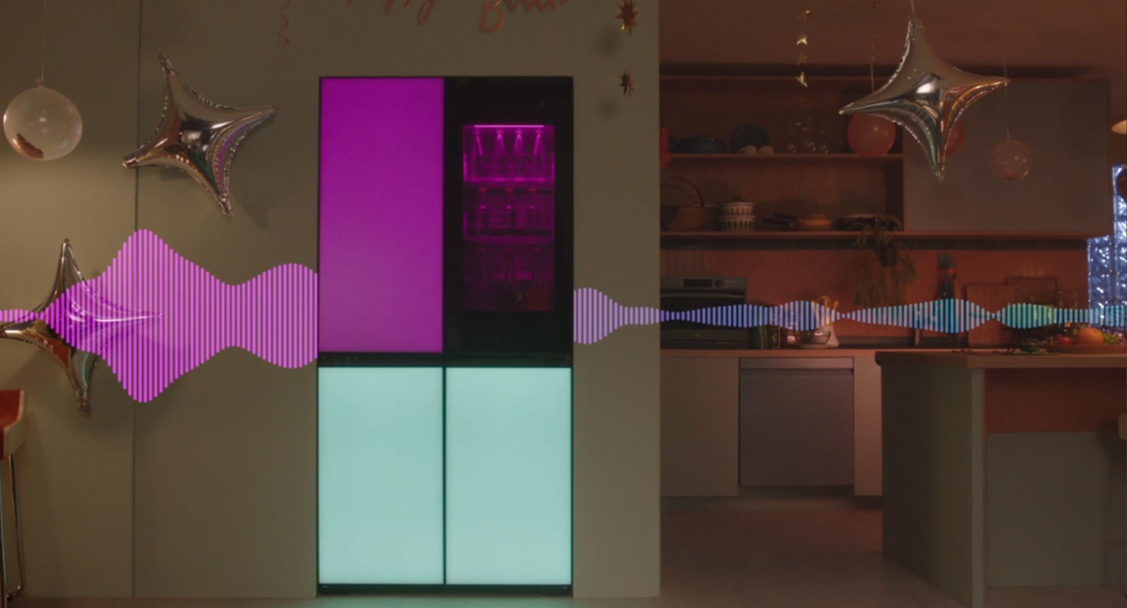 A video where music is played and sound waves are seen behind the product