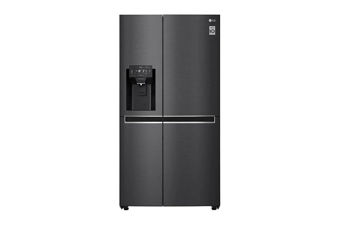 LG 625L Side by Side Fridge with Non-Plumbed Ice & Water Dispenser in Matte Black Finish, Front view, GS-L668MBNL