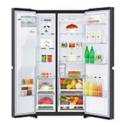 LG 625L Side by Side Fridge with Non-Plumbed Ice & Water Dispenser in Matte Black Finish, Front view open food, GS-L668MBNL, thumbnail 2