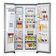 LG 635L Side by Side Fridge in Stainless Finish, front open food view, GS-D635PLC, thumbnail 4