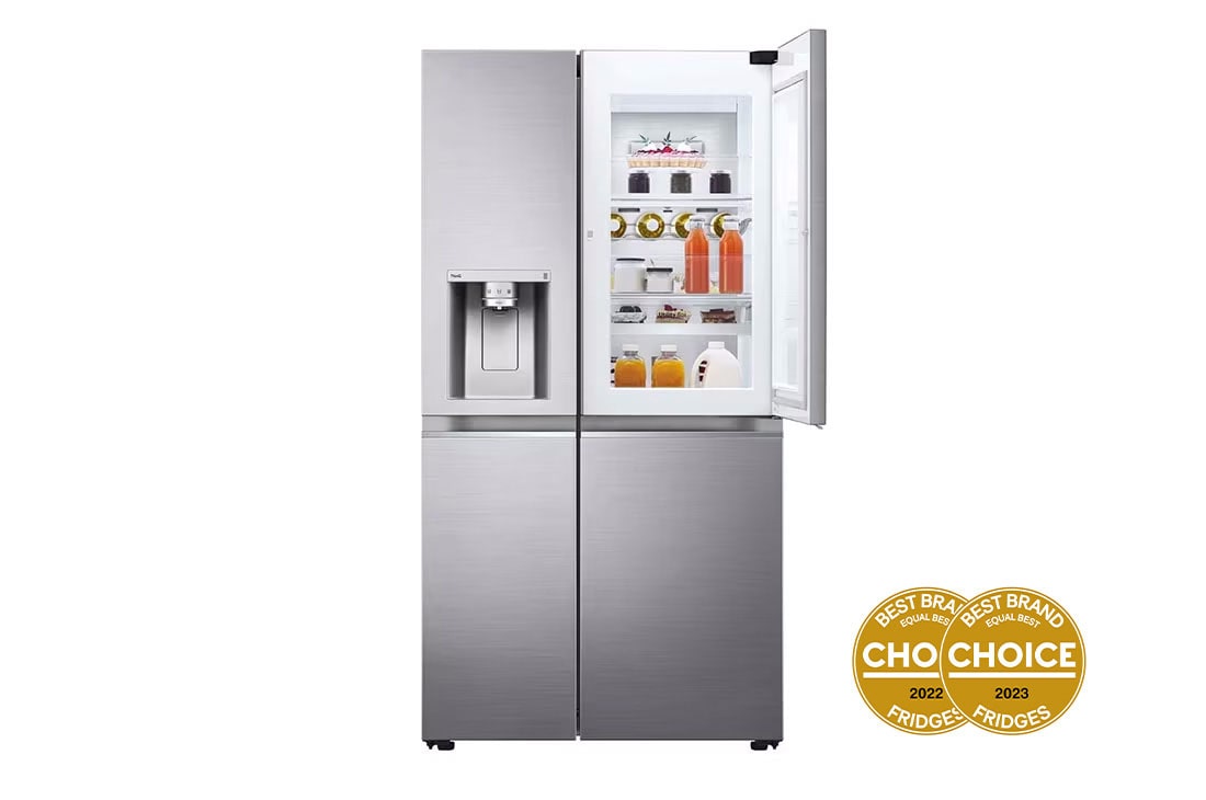 LG 635L Side by Side Fridge in Stainless Finish, front did open food view, GS-D635PLC