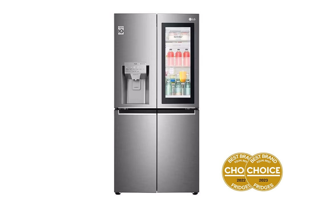LG 508L Slim French Door Fridge in Stainless Finish, front light on food view, GF-V570PNL
