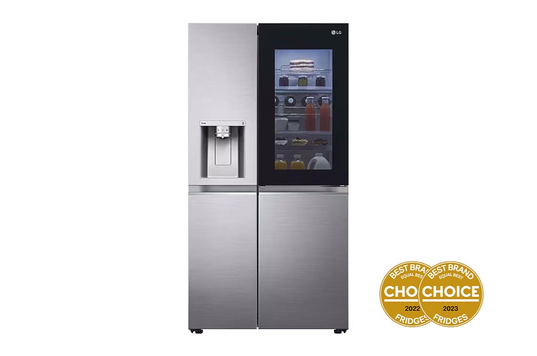 LG 635L Side by Side Fridge in Stainless Finish, front light on food view, GS-V635PLC