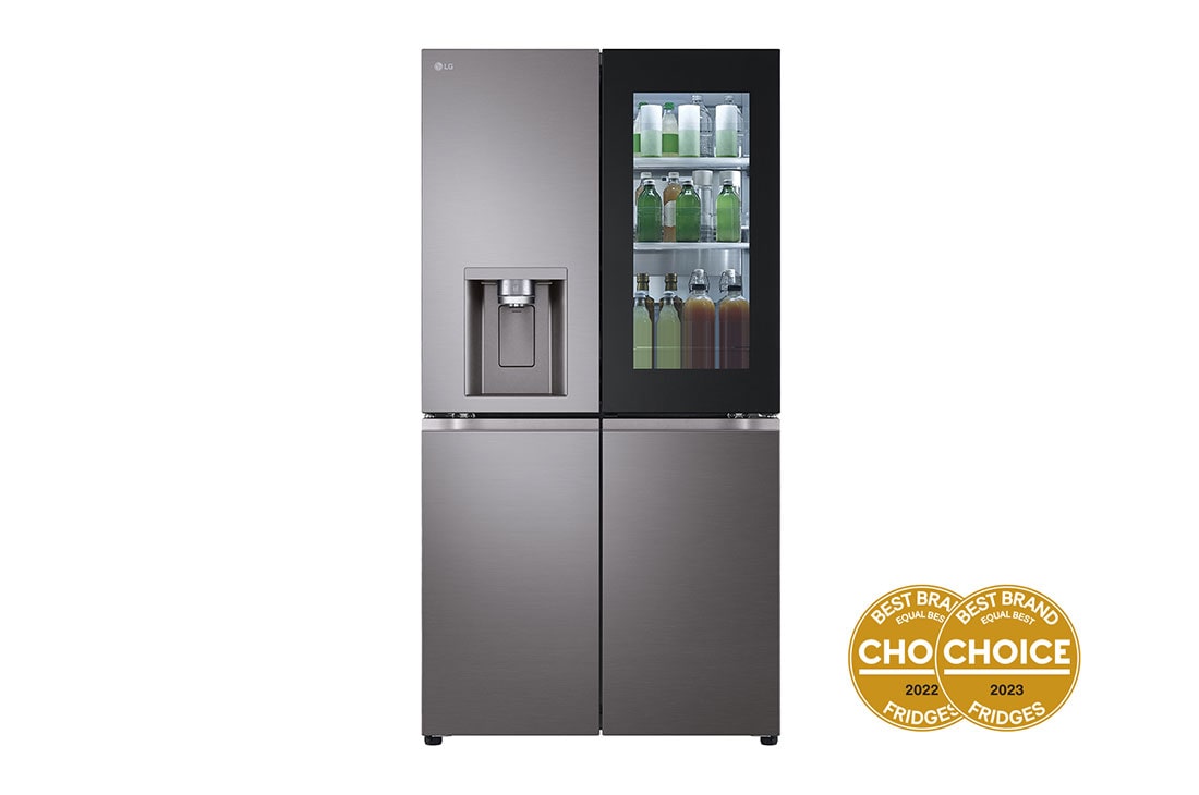 LG 642L French Door Fridge in Black Stainless Finish, Front View With Food, GF-V700BSLC