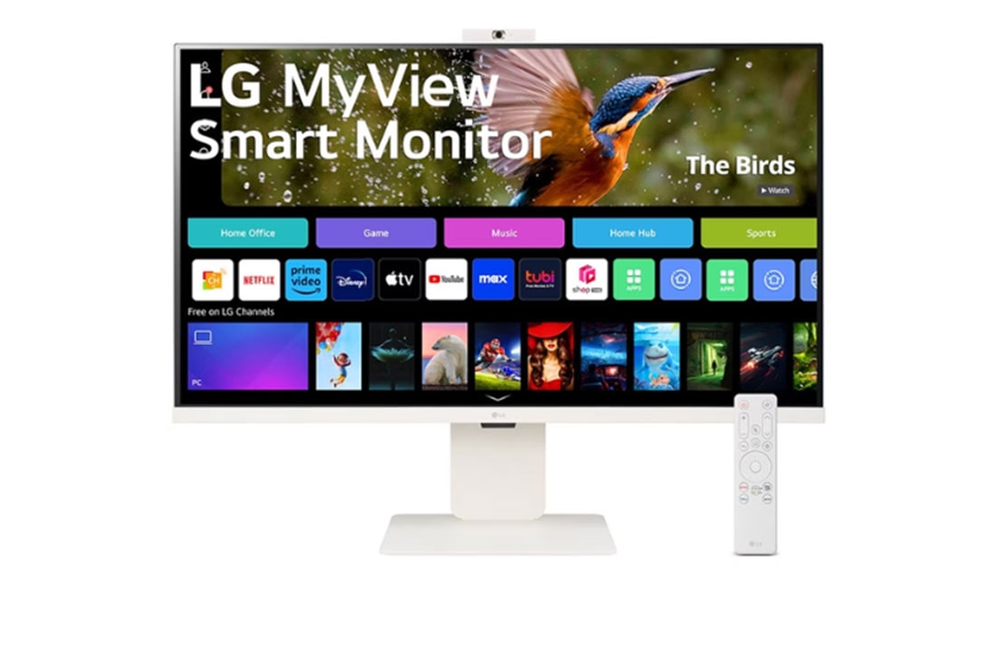 LG MyView 32” 4K UHd IPS Smart Monitor with webOS and built-in FHd webcam, front view with webcam and remote control, 32SR85U-W