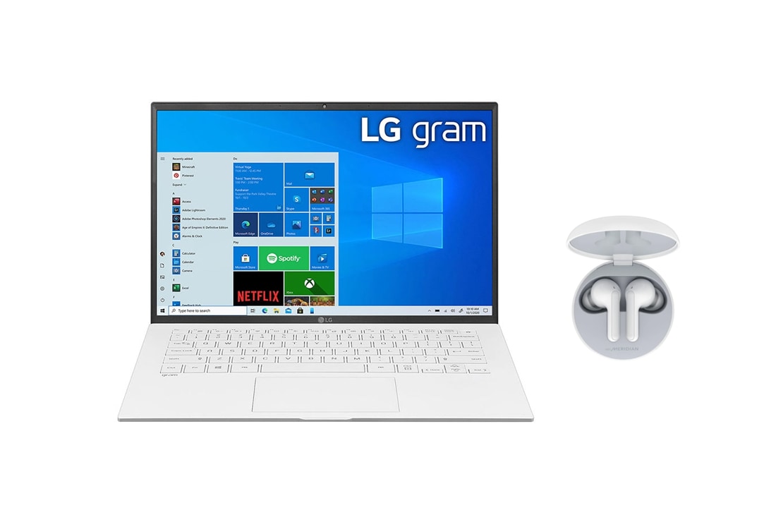 LG gram Ultra-Lightweight Laptop with 14” 16:10 IPS Display and Intel® Evo™ platform + LG TONE Free FN4 Wireless Earbuds, Front view with keyboard, 14Z90P-FN4W