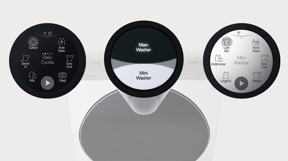 The GUI that shows washing steps of main washer and mini washer of LG SIGNATURE Washing Machine is placed in the center of the image. 