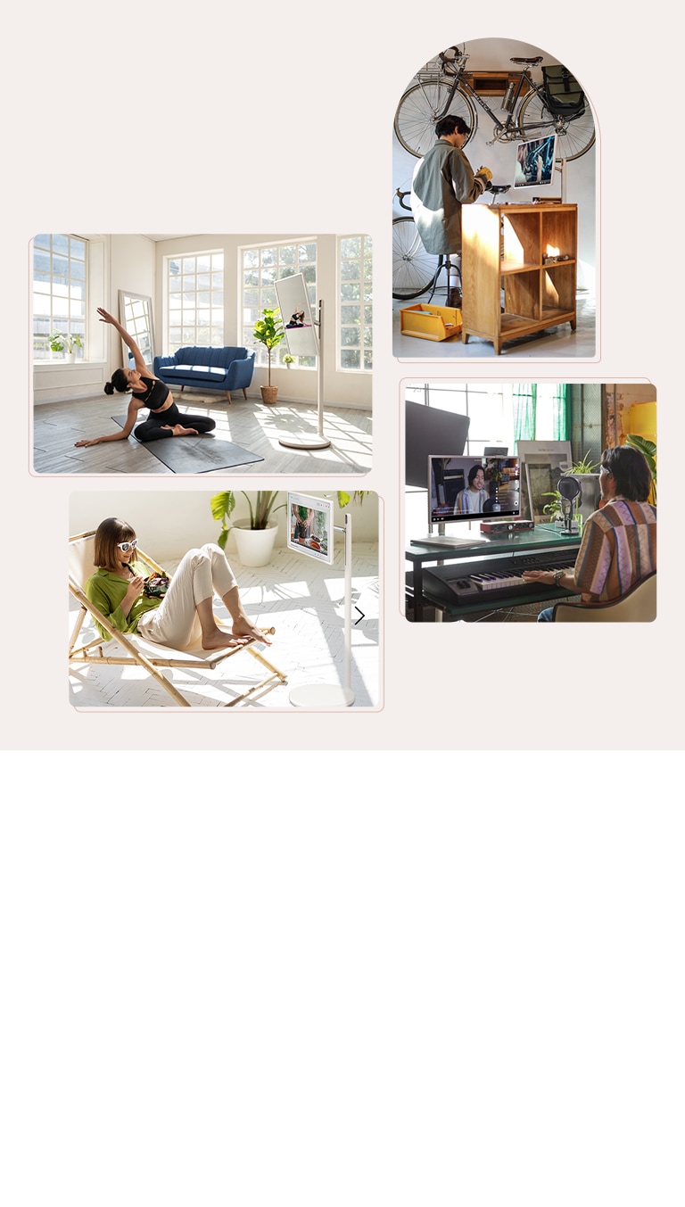 There are 4 collage of lifestyle images of people doing different activities while watching TV – a woman is doing yoga while watching yoga tutorial, one man is fixing his bike while watching tutorial, another man is streaming himself singing, and one woman is cooking while watching recipe video.