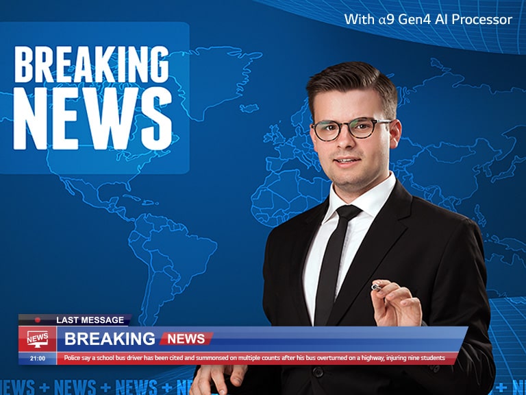 Slider comparison of picture quality of an anchor delivering breaking news with background of world map.