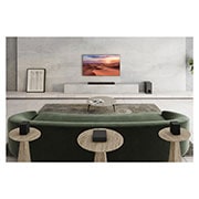 LG Sound Bar S80QR, A subwoofer, a sound bar, and TV are in a white living room, S80QR, thumbnail 4