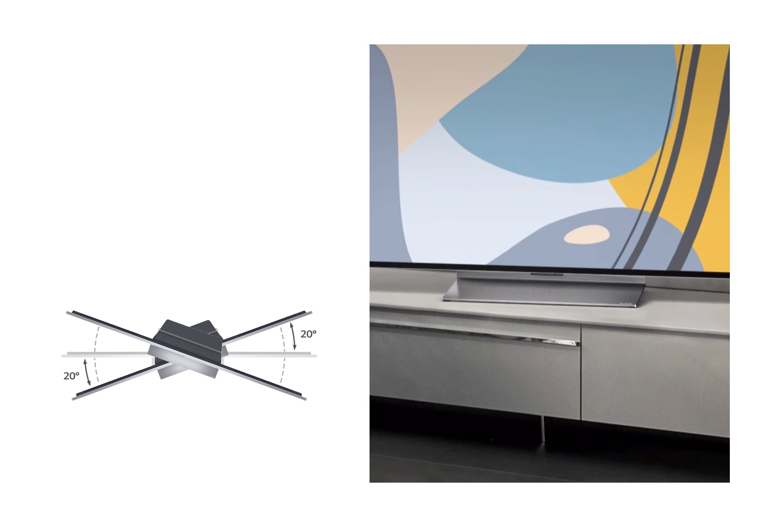 Swivel Stand with mounted LG TV on a short TV stand. A diagram underneath shows the angles you can rotate your TV with the stand’s 20-degree swivel.