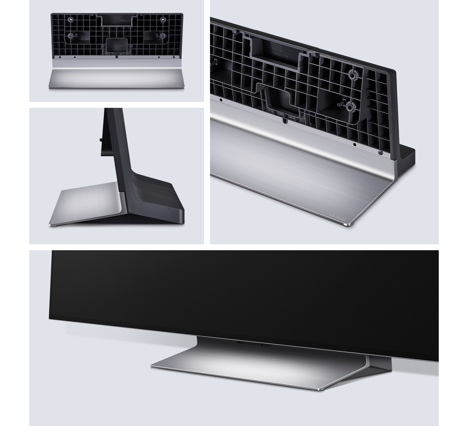 Swivel Stand seen from three different angles: from the front, from the side facing left, and from the back at a slight angle. Underneath is a close-up of the Swivel Stand together with an LG TV.