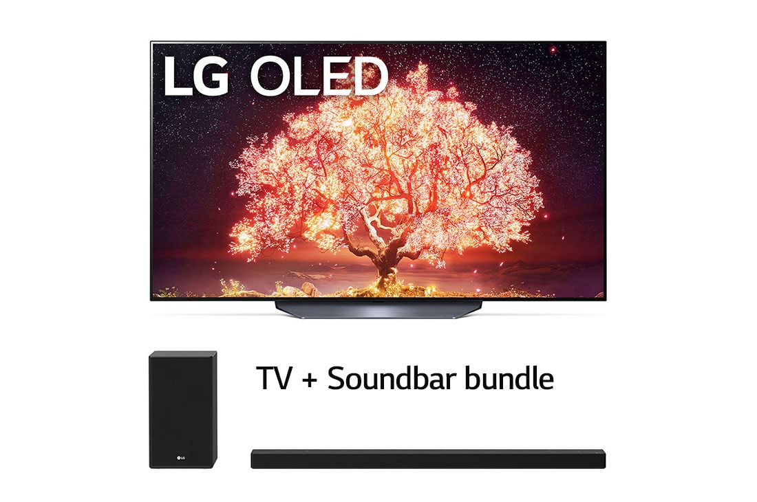 LG TV 55OLEDB1 & Soundbar SP9YA Bundle Offer, OLED55B1SP9 front view with infill + soundbar, OLED55B1SP9